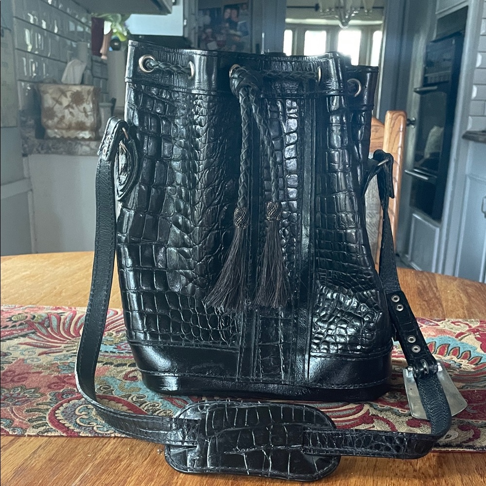 Nocona Black Croc-Embossed Leather Bucket Bag with Tassel Drawstring
